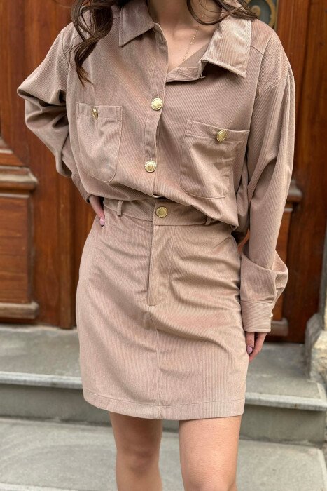 LONG SLEEVES SHIRT+SKIRT GOLD BUTTONS WOMEN SET LIGHT BROWN/KAZB - 7