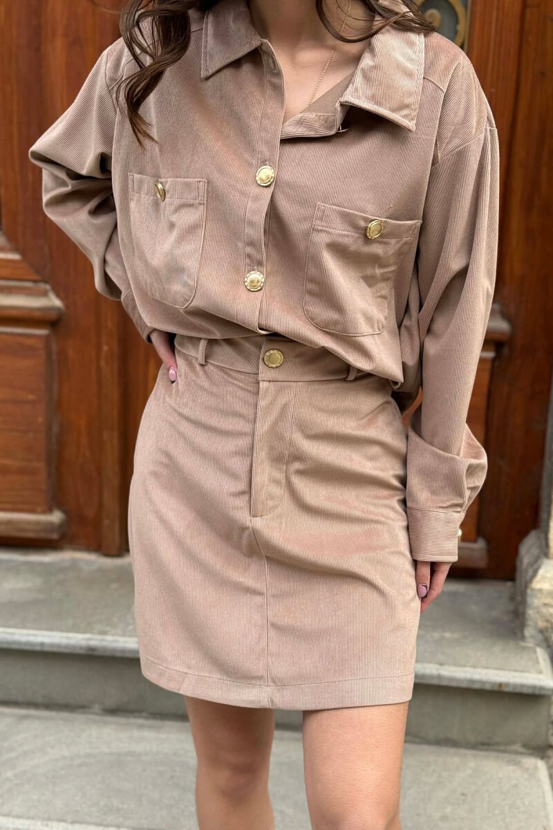 LONG SLEEVES SHIRT+SKIRT GOLD BUTTONS WOMEN SET LIGHT BROWN/KAZB - 7