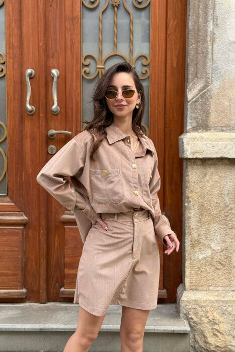 LONG SLEEVES SHIRT+SKIRT GOLD BUTTONS WOMEN SET LIGHT BROWN/KAZB - 8