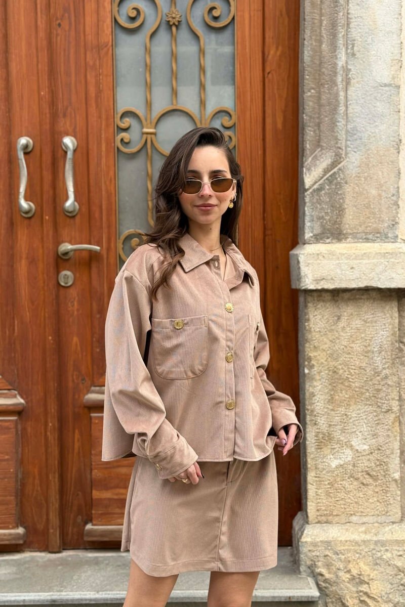 LONG SLEEVES SHIRT+SKIRT GOLD BUTTONS WOMEN SET LIGHT BROWN/KAZB - 9