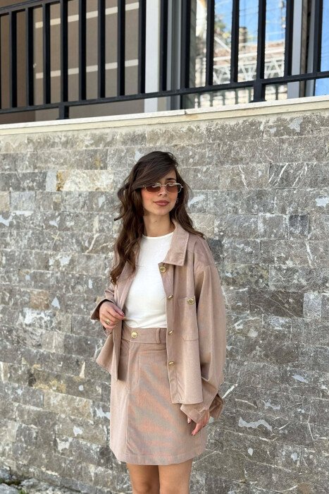 LONG SLEEVES SHIRT+SKIRT GOLD BUTTONS WOMEN SET LIGHT BROWN/KAZB - 3