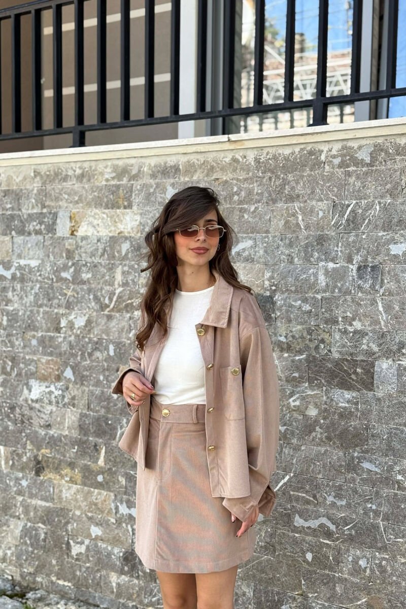 LONG SLEEVES SHIRT+SKIRT GOLD BUTTONS WOMEN SET LIGHT BROWN/KAZB - 3