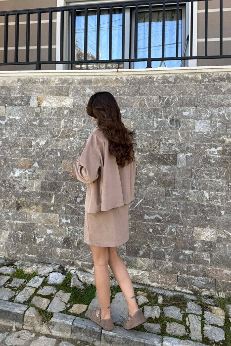 LONG SLEEVES SHIRT+SKIRT GOLD BUTTONS WOMEN SET LIGHT BROWN/KAZB - 5