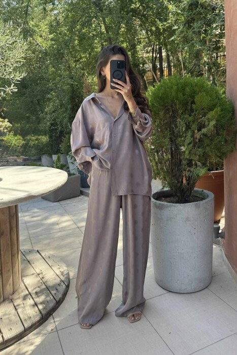 LONG SLEEVES SHIRT+TROUSERS DESIGNED WOMEN SET LIGHT BROWN/KAZB - 1