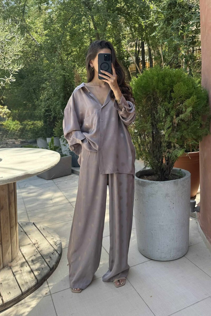 LONG SLEEVES SHIRT+TROUSERS DESIGNED WOMEN SET LIGHT BROWN/KAZB - 1