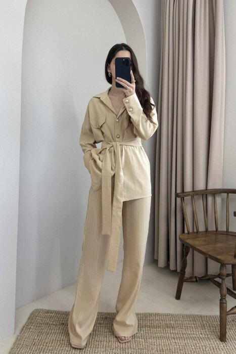 LONG SLEEVES SHIRT+TROUSERS LACING WOMEN SET BEIGE/BEZHE - 1