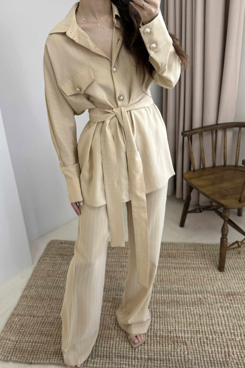 LONG SLEEVES SHIRT+TROUSERS LACING WOMEN SET BEIGE/BEZHE - 2