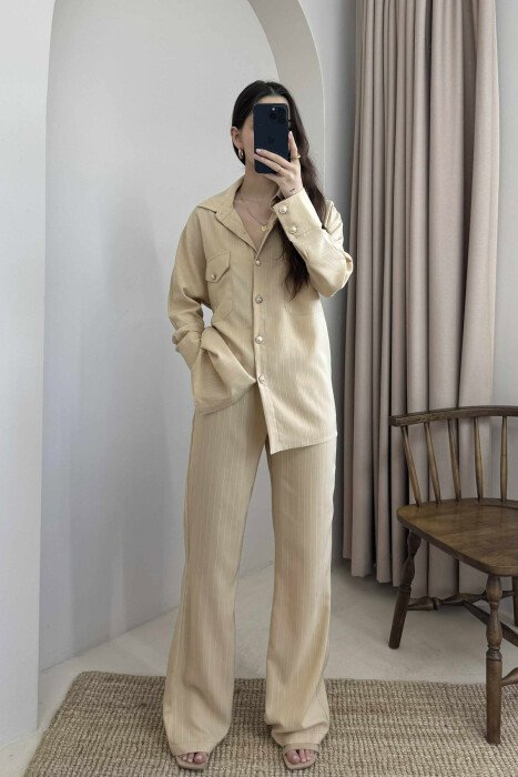 LONG SLEEVES SHIRT+TROUSERS LACING WOMEN SET BEIGE/BEZHE - 3