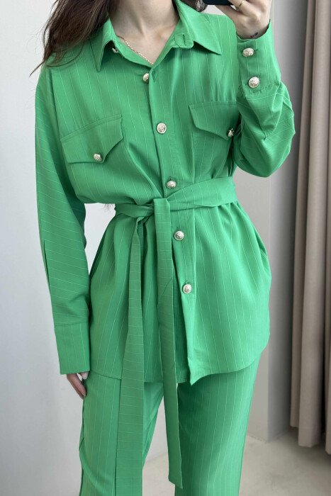 LONG SLEEVES SHIRT+TROUSERS LACING WOMEN SET GREEN/JESHILE - 4