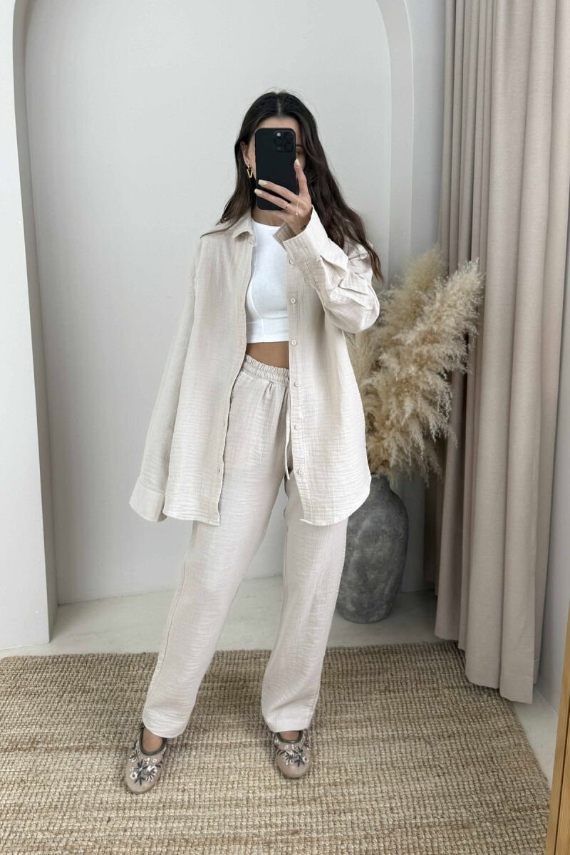 LONG SLEEVES SHIRT+TROUSERS ONE COLOR WOMEN SET BEIGE/BEZHE - 1