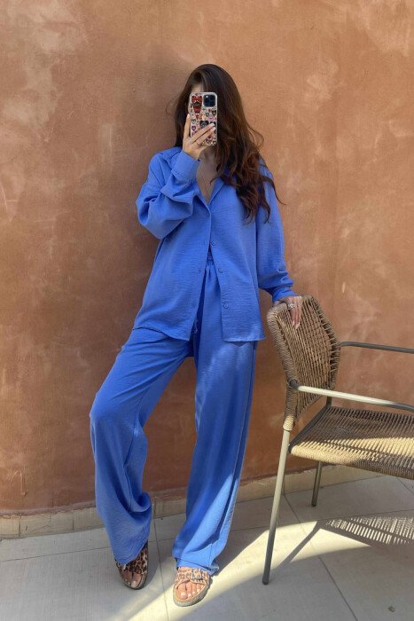 LONG SLEEVES SHIRT+TROUSERS ONE COLOR WOMEN SET BLUE/BLU - KLAUDIO FASHION