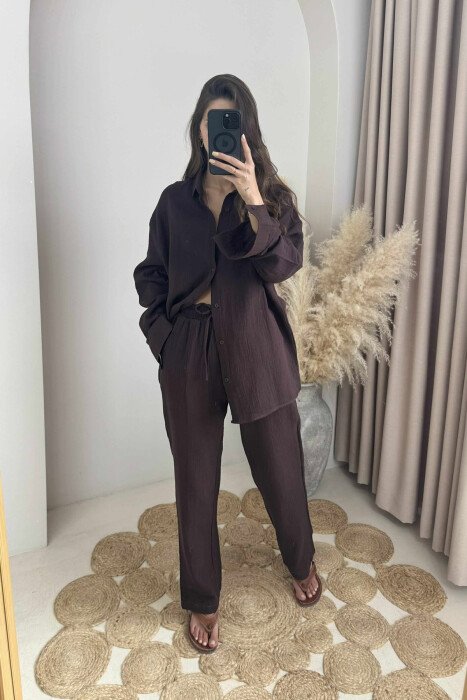 LONG SLEEVES SHIRT+TROUSERS ONE COLOR WOMEN SET DARK BROWN/KAE - KLAUDIO FASHION