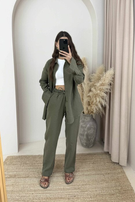LONG SLEEVES SHIRT+TROUSERS ONE COLOR WOMEN SET GREEN/JESHILE - 1