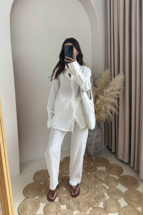 LONG SLEEVES SHIRT+TROUSERS ONE COLOR WOMEN SET WHITE-E BARDHE - KLAUDIO FASHION
