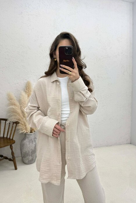 LONG SLEEVES SHIRT+TROUSERS SIMPLE WOMEN SET BEIGE/BEZHE - 2