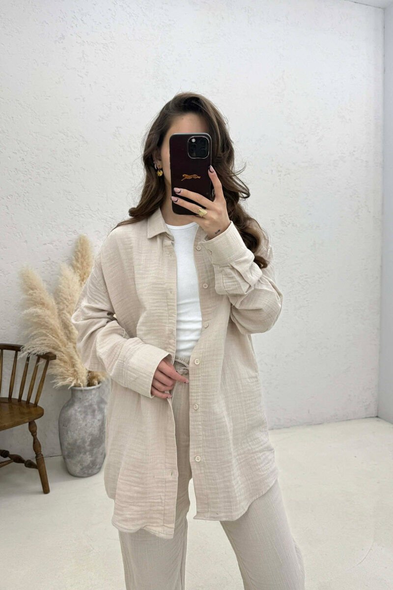 LONG SLEEVES SHIRT+TROUSERS SIMPLE WOMEN SET BEIGE/BEZHE - 2