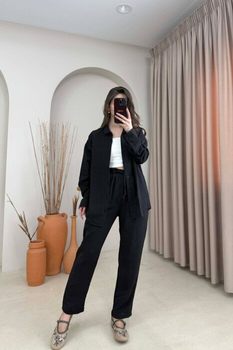 LONG SLEEVES SHIRT+TROUSERS SIMPLE WOMEN SET BLACK-BLACK/ZZ - 