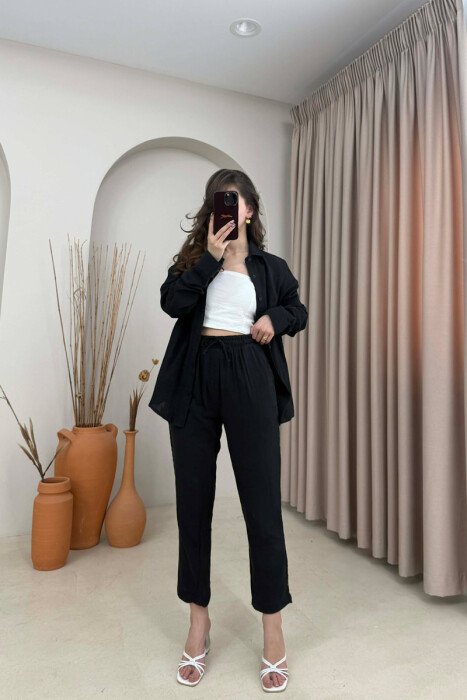 LONG SLEEVES SHIRT+TROUSERS SIMPLE WOMEN SET BLACK/ E ZEZE - 1