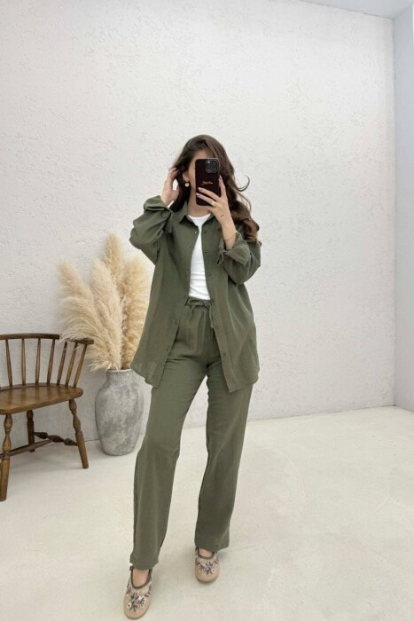 LONG SLEEVES SHIRT+TROUSERS SIMPLE WOMEN SET GREEN/JESHILE - 