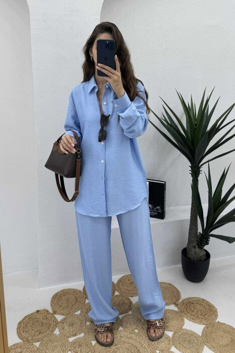 SET KEMISHE ME MENGE TE GJATA + PANTALLONA PER FEMRA NE NGJYRE BLU TE ZBARDHUR - KLAUDIO FASHION