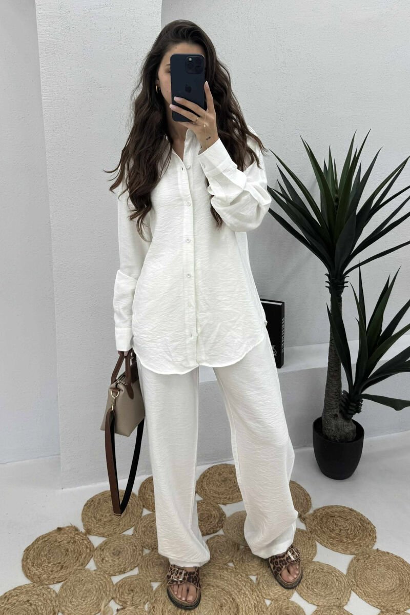 LONG SLEEVES SHIRT+TROUSERS SIMPLE WOMEN SET WHITE-E BARDHE - 1