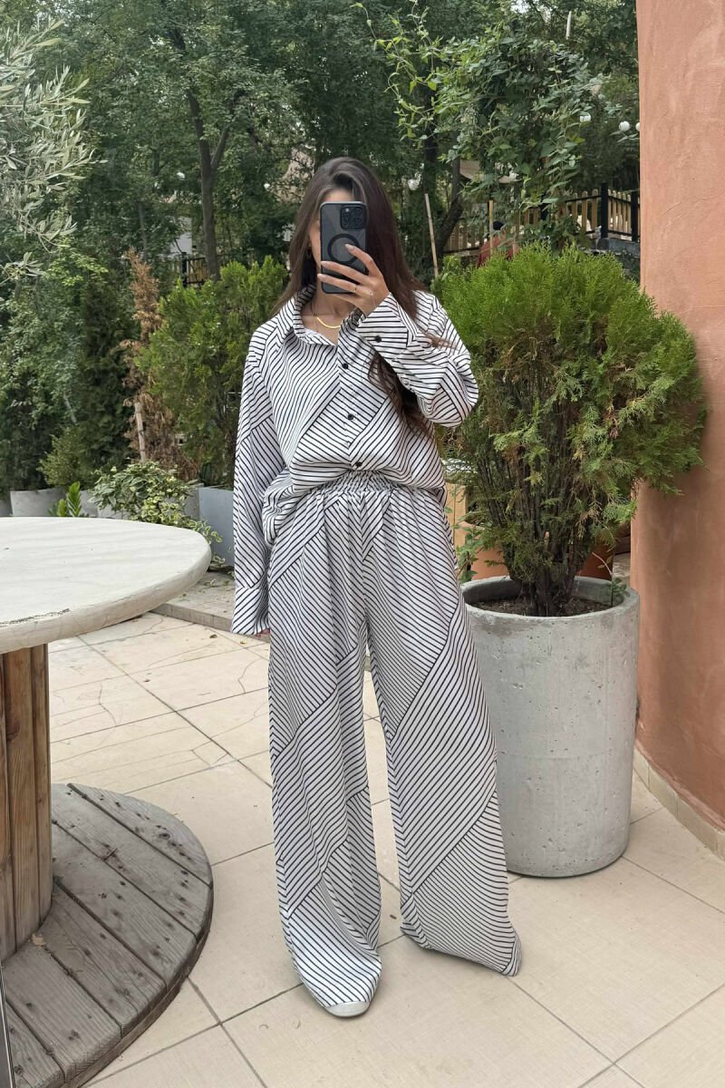 LONG SLEEVES SHIRT+TROUSERS STRIPED WOMEN SET WHITE-BLACK/BAZE - 1