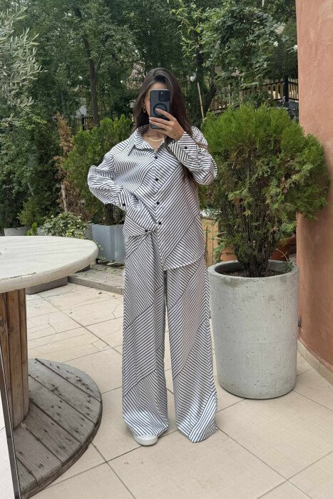 LONG SLEEVES SHIRT+TROUSERS STRIPED WOMEN SET WHITE-BLACK/BAZE - 3