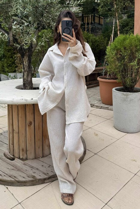 SET NJË NGJYRËSH KËMISHË+PANTALLONA PËR FEMRA NË NGJYRËN KREM - KLAUDIO FASHION