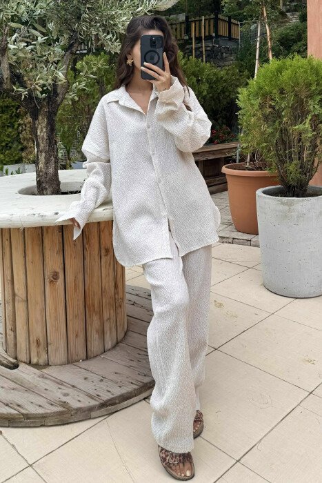 LONG SLEEVES SHIRT+TROUSERS WOMEN SET CREAM/KREM - 2