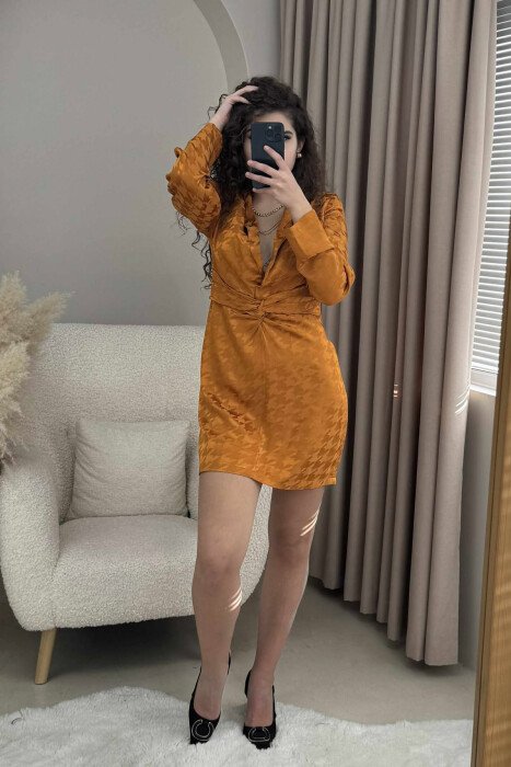 LONG SLEEVES SIMPLE WOMEN DRESS BRICK/TULLE - 1