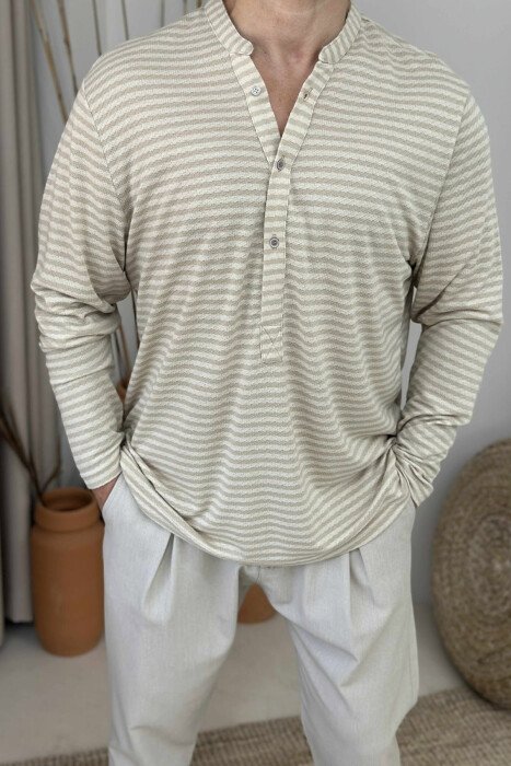 LONG SLEEVES STRIPED MEN SHIRT BEIGE/BEZHE - 3