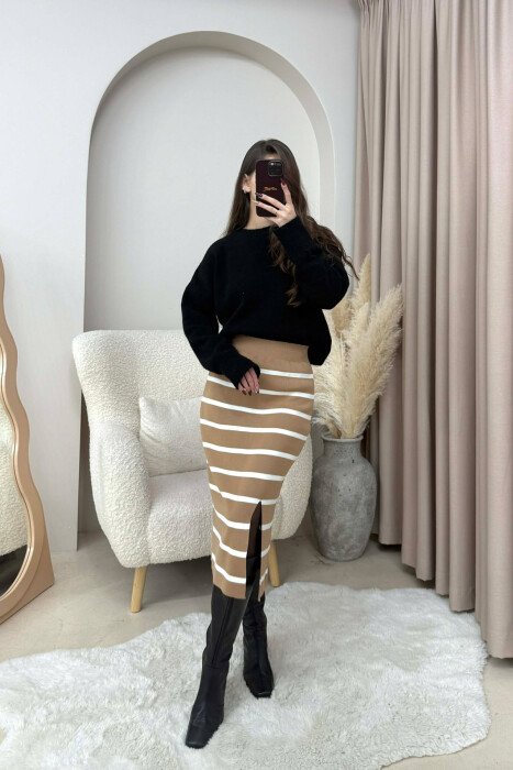 LONG STRIPED KNIT WOMEN SKIRT BROWN/KAFE - 2