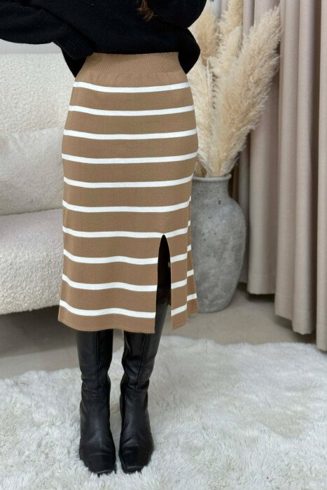 LONG STRIPED KNIT WOMEN SKIRT BROWN/KAFE - 1