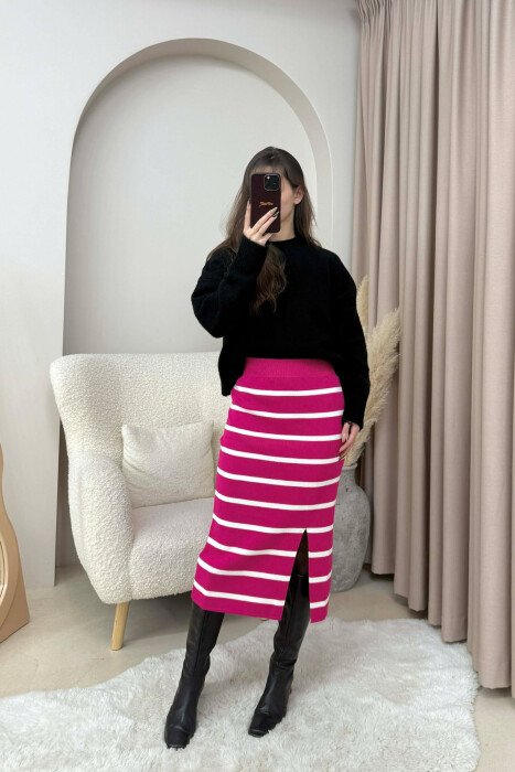 LONG STRIPED KNIT WOMEN SKIRT FUCHSIA/CIKLAMI - 2