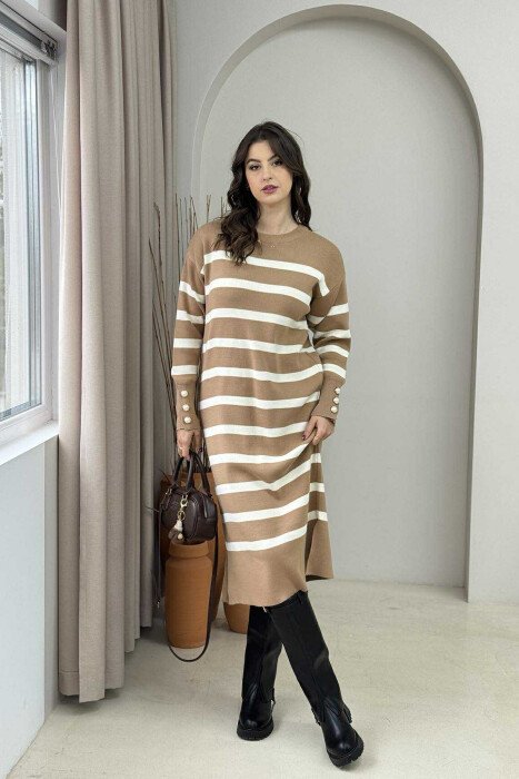 LONG STRIPED ROUND NECK WOMEN DRESS BEIGE/BEZHE 