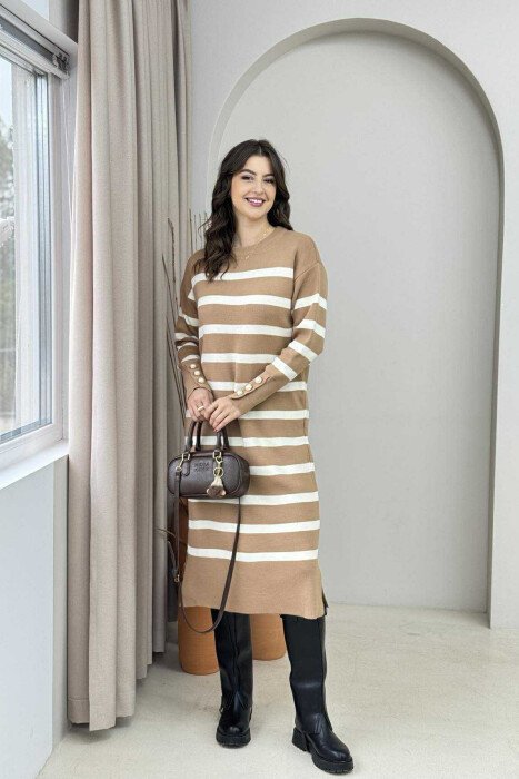 LONG STRIPED ROUND NECK WOMEN DRESS BEIGE/BEZHE - 5