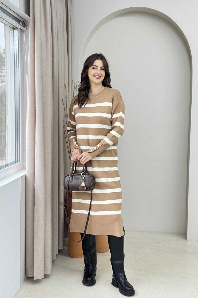 LONG STRIPED ROUND NECK WOMEN DRESS BEIGE/BEZHE - 5
