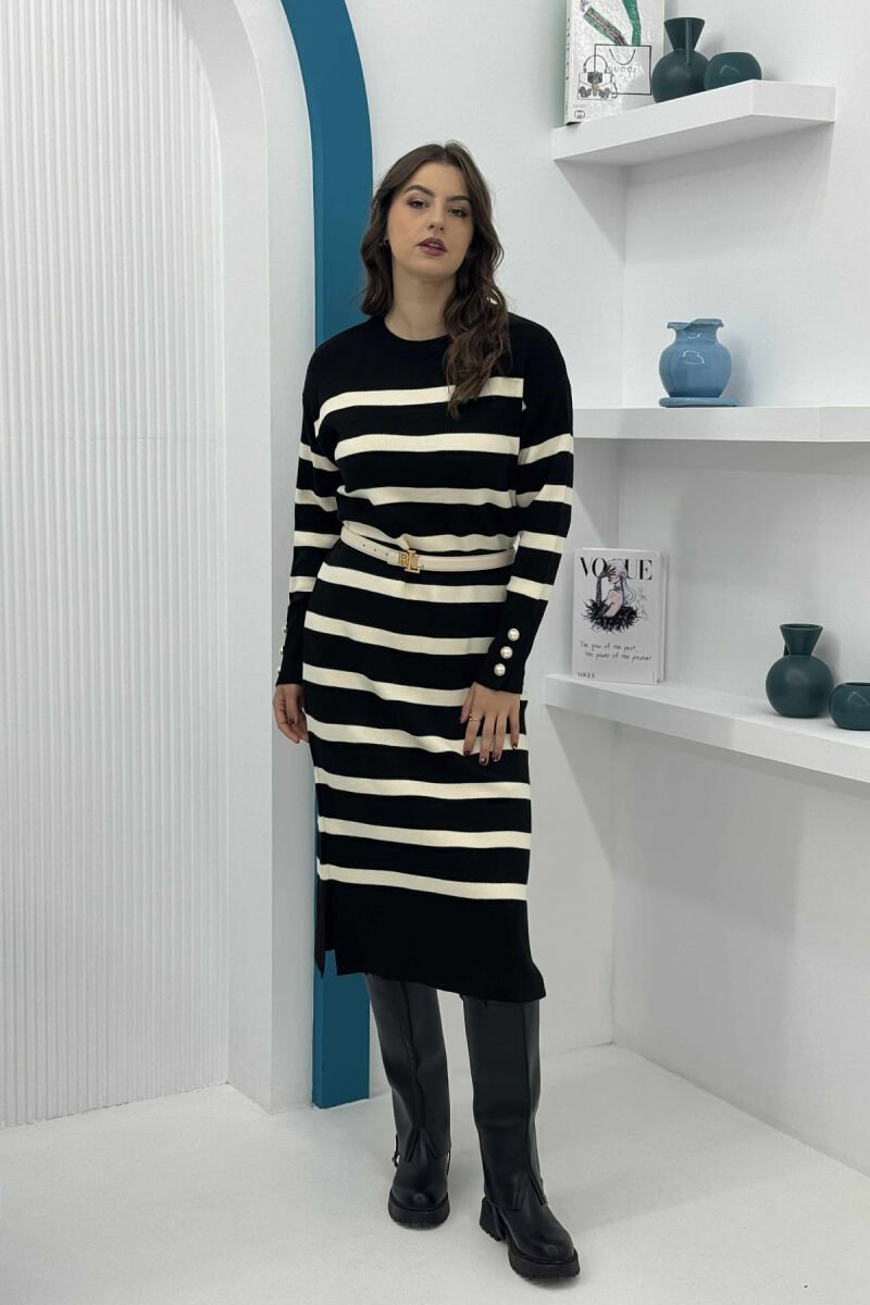 LONG STRIPED ROUND NECK WOMEN DRESS BLACK/ E ZEZE - 1