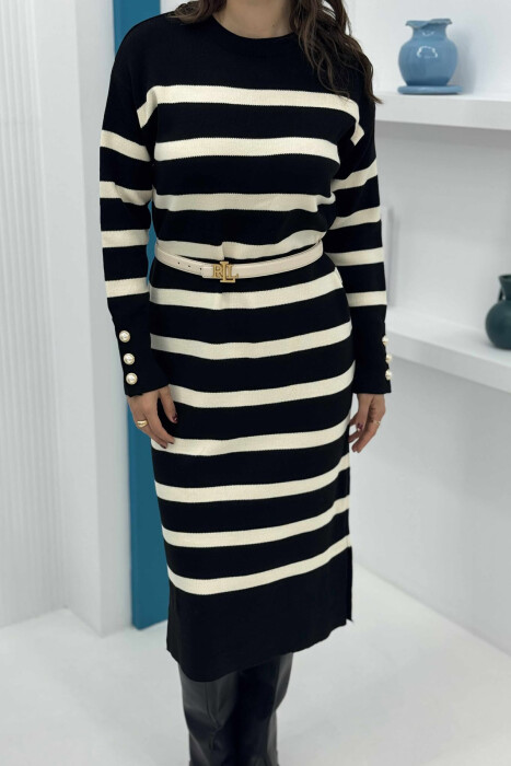 LONG STRIPED ROUND NECK WOMEN DRESS BLACK/ E ZEZE - 6