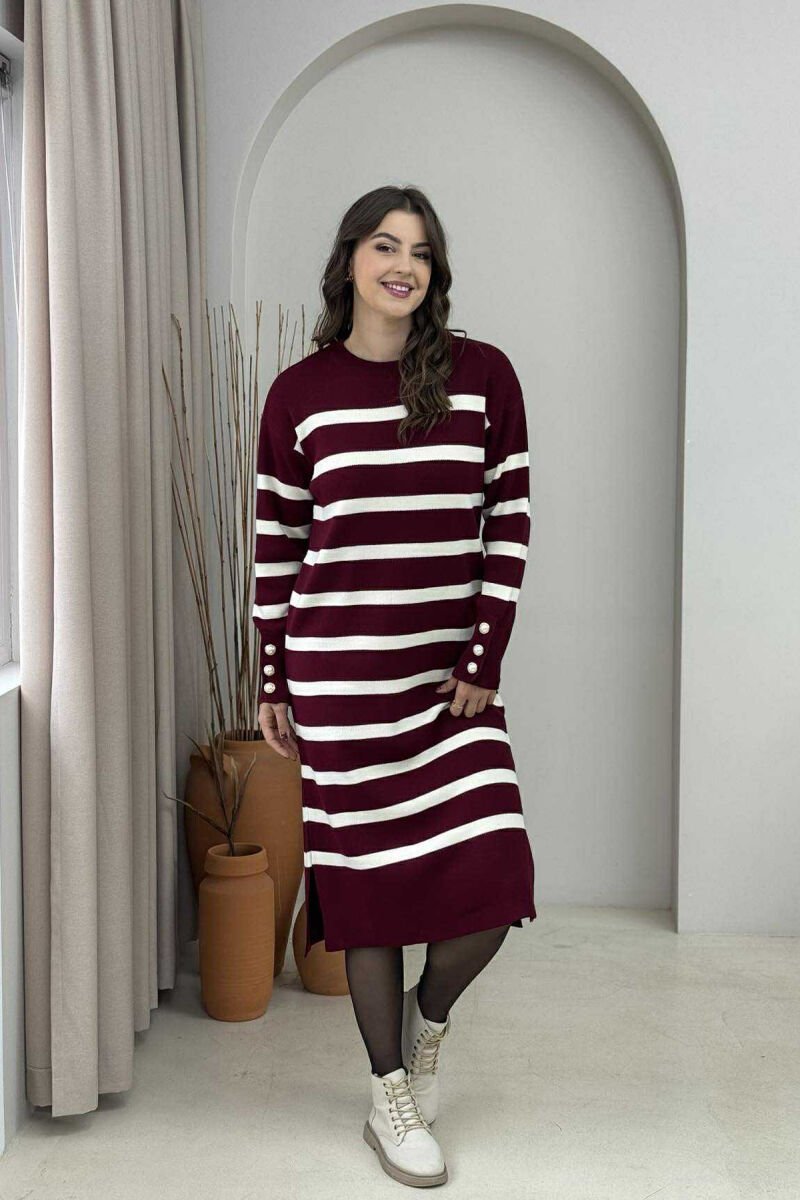 LONG STRIPED ROUND NECK WOMEN DRESS BURGUNDY/VISHNJE - 1