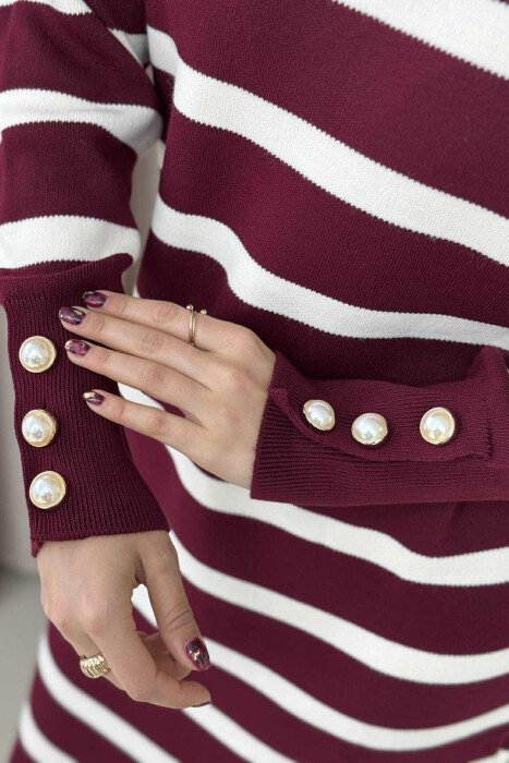 LONG STRIPED ROUND NECK WOMEN DRESS BURGUNDY/VISHNJE - 3