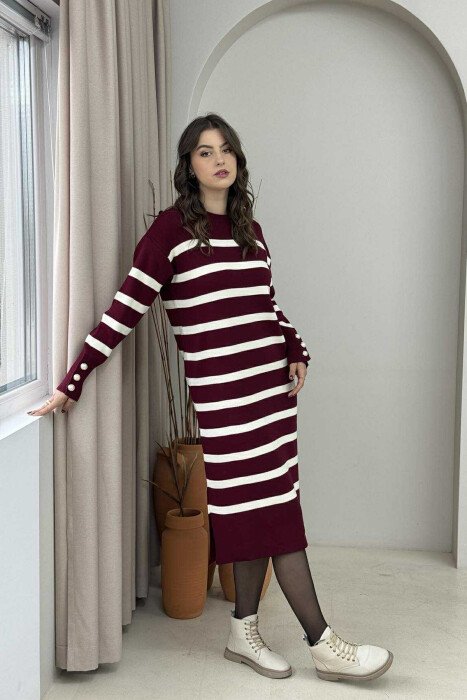 LONG STRIPED ROUND NECK WOMEN DRESS BURGUNDY/VISHNJE - 4