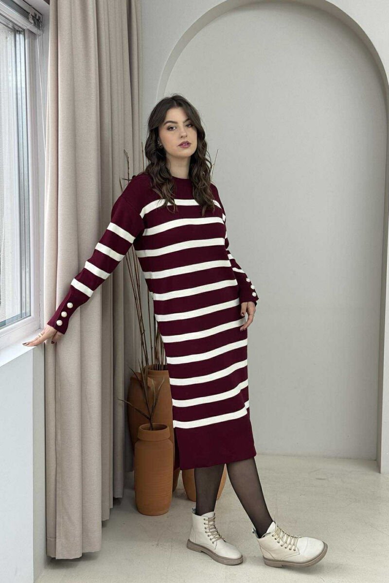 LONG STRIPED ROUND NECK WOMEN DRESS BURGUNDY/VISHNJE - 4