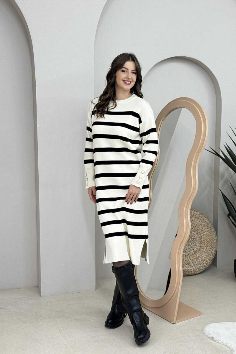 LONG STRIPED ROUND NECK WOMEN DRESS CREAM/KREM - 2