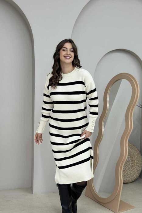 LONG STRIPED ROUND NECK WOMEN DRESS CREAM/KREM - 3