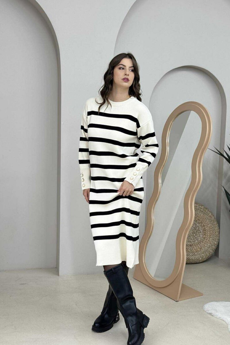 LONG STRIPED ROUND NECK WOMEN DRESS CREAM/KREM - 4