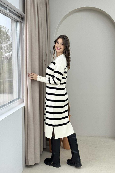 LONG STRIPED ROUND NECK WOMEN DRESS CREAM/KREM - 5