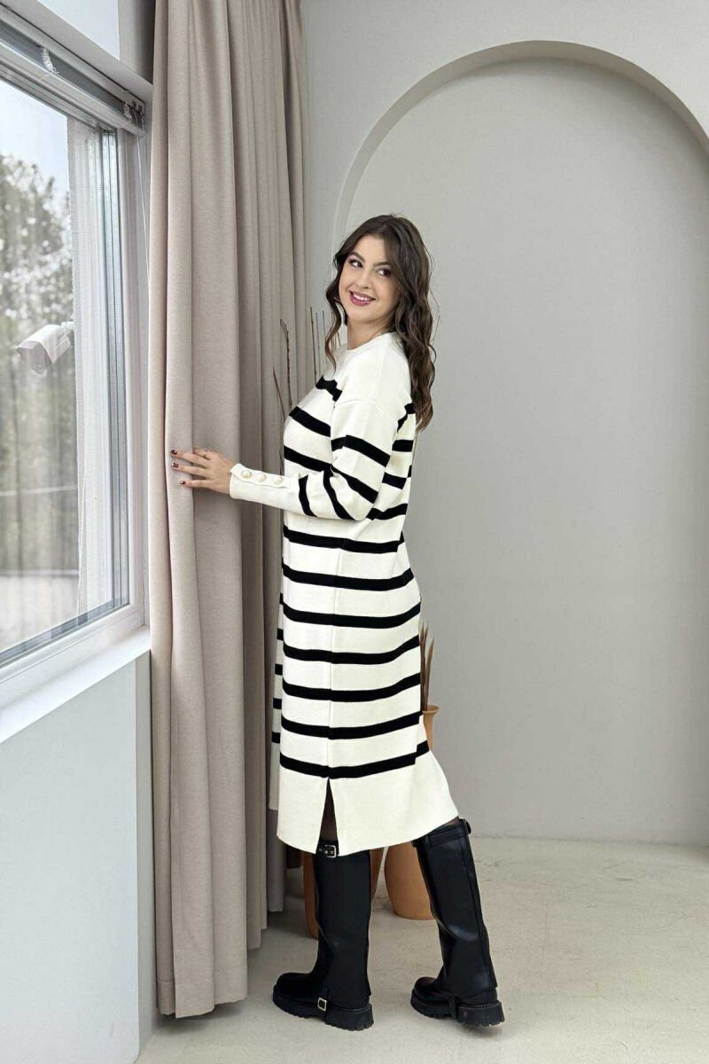 LONG STRIPED ROUND NECK WOMEN DRESS CREAM/KREM - 5