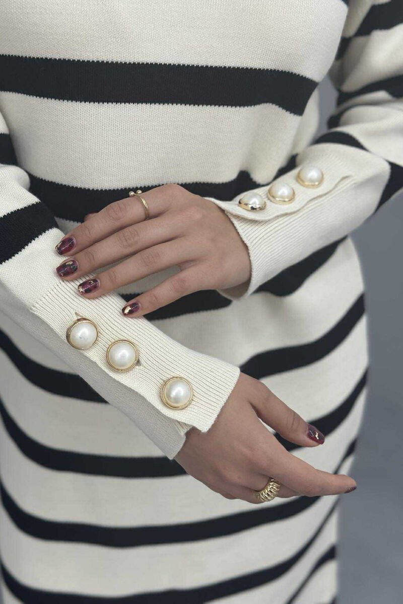 LONG STRIPED ROUND NECK WOMEN DRESS CREAM/KREM - 6