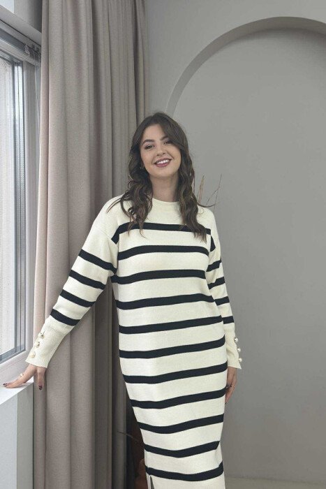 LONG STRIPED ROUND NECK WOMEN DRESS CREAM/KREM - 7
